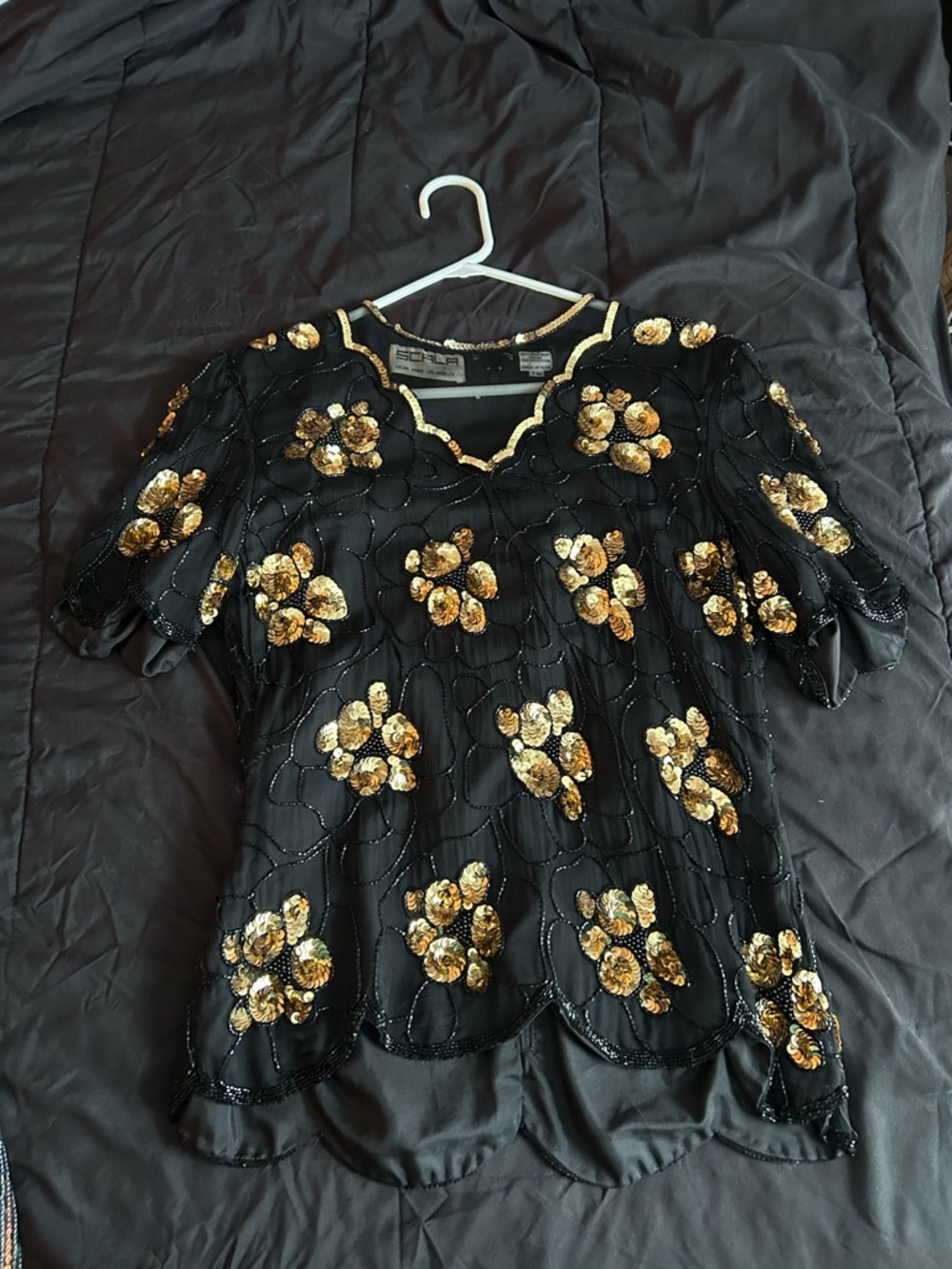 Scala Black Short-Sleeve Top with Gold Sequin Floral Embroidery
